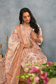 Elegant Mal Mal Cotton Peach Printed Suit With Borer Embroidery Work